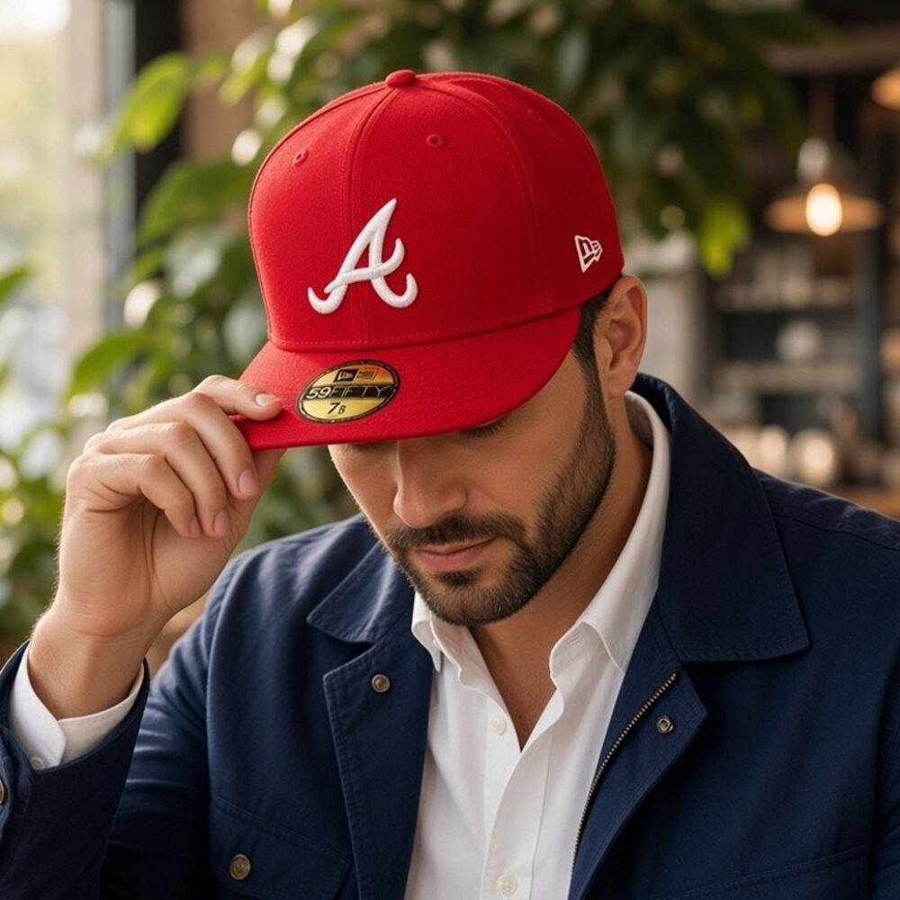 New Era 59FIFTY Atlanta Braves Hat 7 1/8 Red MLB Fitted Streetwear 11591179